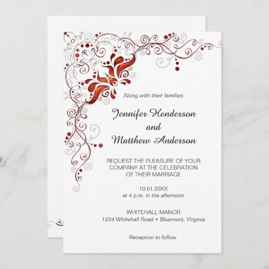 rode wervelingen op witte bruiloft uitnodiging (Voorkant / Achterkant)
