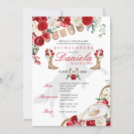 Rode Western laarzen & Rozen Papel Picado Quinceañ Kaart