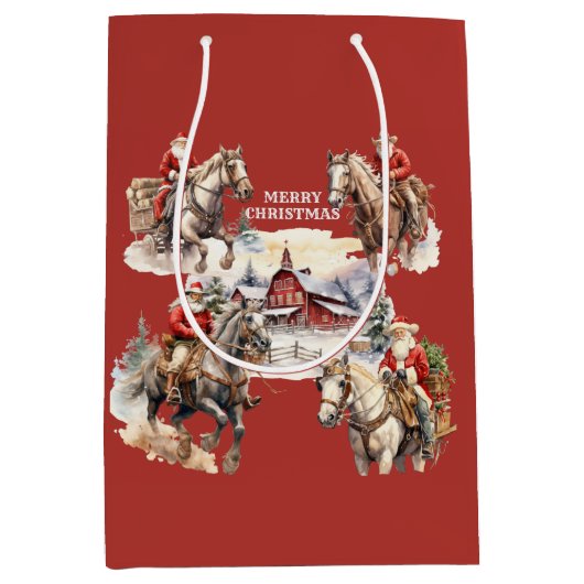 Rode Westerne Kerstman op Paardenrug Gift Bag Medium Cadeauzakje (Voorkant)