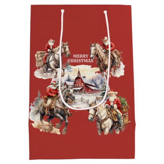 Rode Westerne Kerstman op Paardenrug Gift Bag Medium Cadeauzakje (Achterkant)