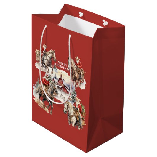 Rode Westerne Kerstman op Paardenrug Gift Bag Medium Cadeauzakje (Achterkant Gekanteld)