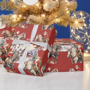 Rode Westerne kerstman te paard Cadeaupapier