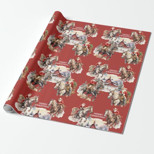 Rode Westerne kerstman te paard Cadeaupapier (Uitgerold)