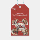 Rode Westerne Kerstman te paard Custom Cadeaulabel (Voorkant)