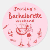 Rode Whimsical Cocktail Bachelorette Strand Weeken Ronde Sticker (Voorkant)