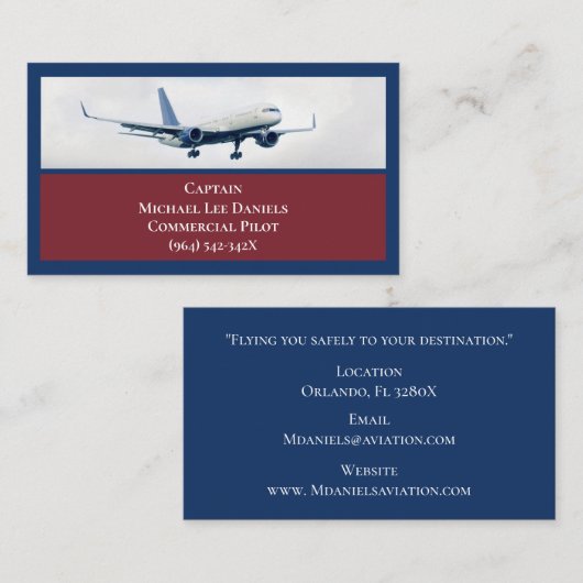 Rode wijn Blauw Commercieel Vliegtuig Captain Pilo Visitekaartje (Voorkant / Achterkant)