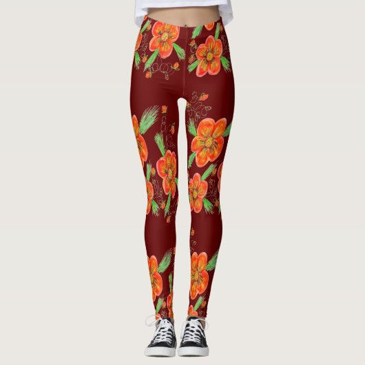 Rode wijn bloeiende Leggings (Voorkant)