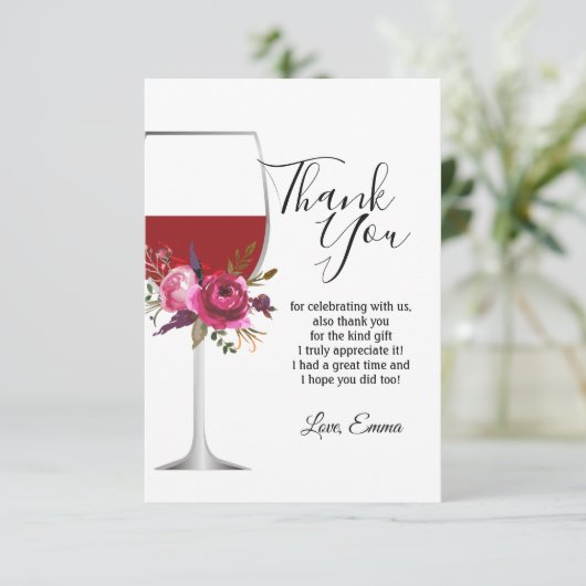 rode wijn, bloemig, bedankkaart kaart (Staand voorkant)