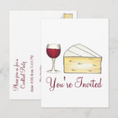 Rode wijn Brie Kaas Cocktail Party Invitation Uitnodiging Briefkaart (Voorkant / Achterkant)