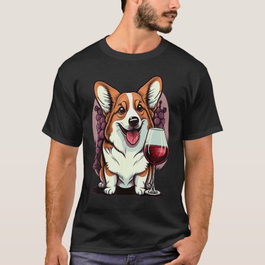 Rode wijn drinkende Welsh Corgi T-shirt (Voorkant)
