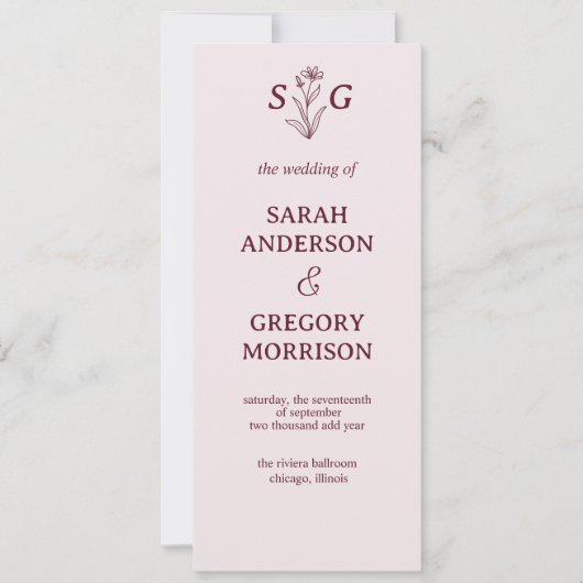 Rode Wijn Eenvoudige Boho Bloemen Huwelijk Program (Voorkant)