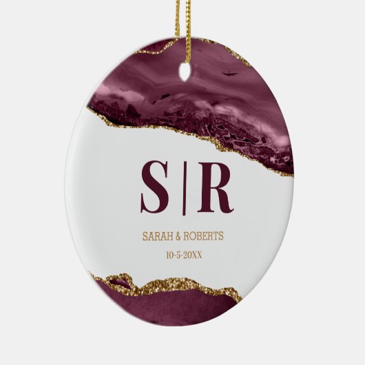 Rode wijn Geode Agate Koppels Monogram Kerstmis Keramisch Ornament (Rechts)