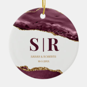 Rode wijn Geode Agate Koppels Monogram Kerstmis Keramisch Ornament