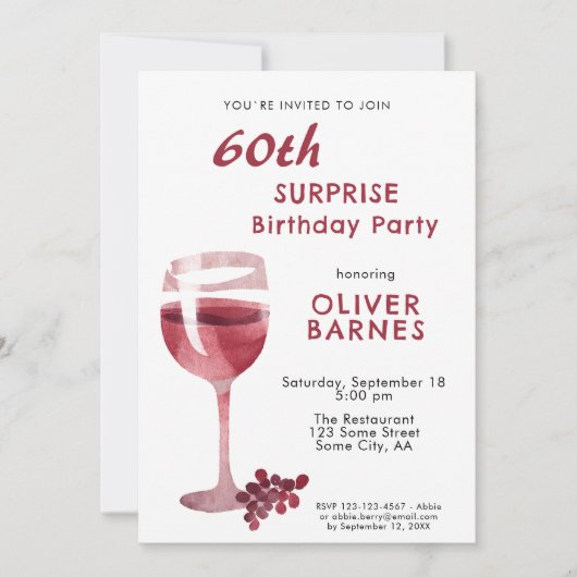Rode Wijn Glas 60e Verjaardag Verrassingsfeest Kaart (Voorkant)