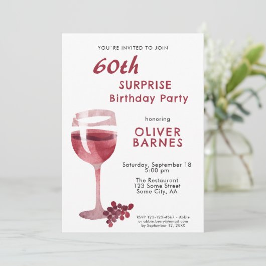 Rode Wijn Glas 60e Verjaardag Verrassingsfeest Kaart (Staand voorkant)