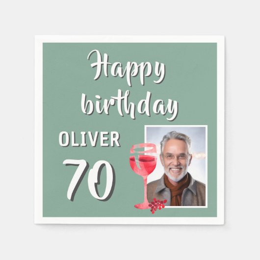 Rode Wijn Glas 70e Verjaardag Party Foto Servet (Voorkant)