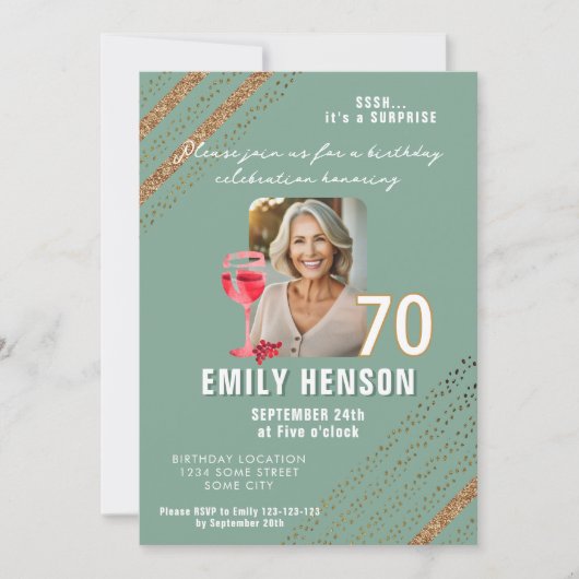 Rode Wijn Glas Glitter 70e Verjaardag Party Foto Kaart (Voorkant)