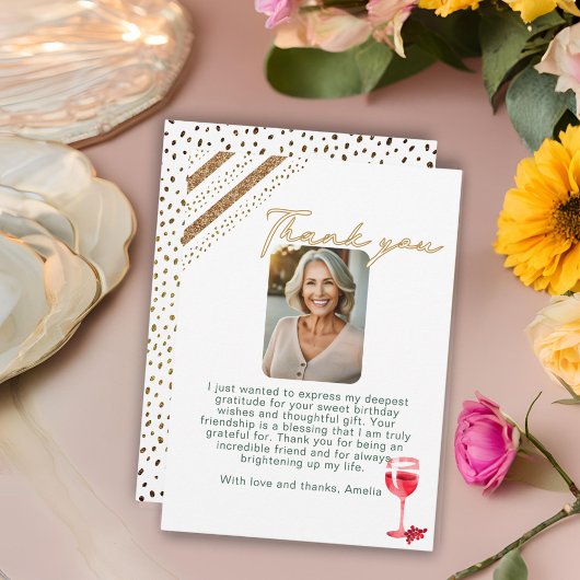 Rode Wijn Glas Glitter Verjaardag Foto Bedankkaart