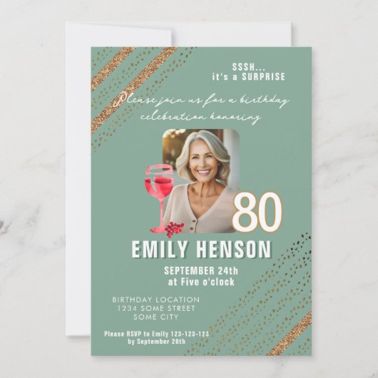 Rode Wijn Glas Glitter Verjaardagsfeest Foto Kaart (Voorkant)