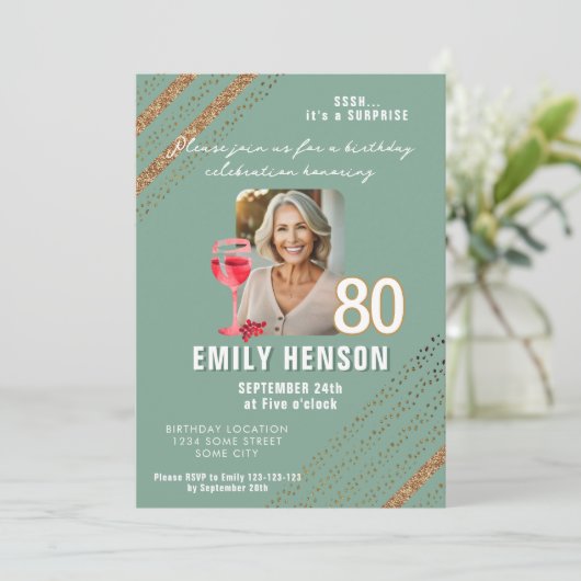 Rode Wijn Glas Glitter Verjaardagsfeest Foto Kaart (Staand voorkant)