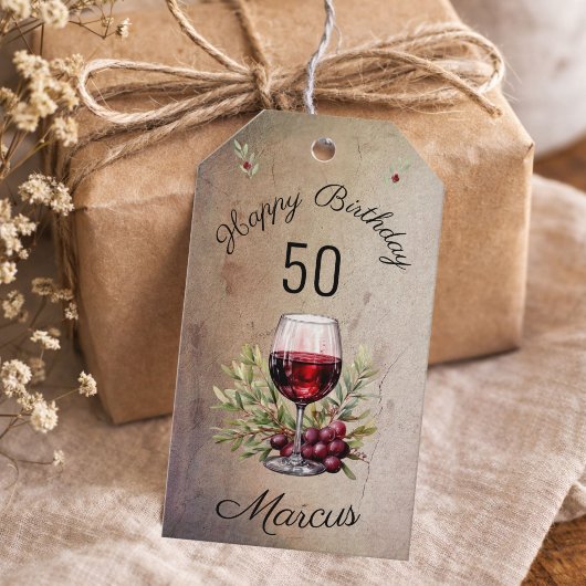 Rode Wijn Glas Olijf Aquarel 50ste Verjaardag Cadeaulabel
