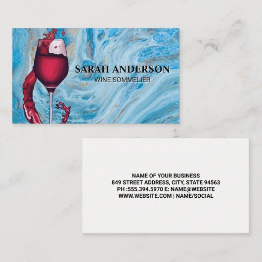 Rode wijn glas schenken | Blauwe marmer Visitekaartje (Voorkant / Achterkant)