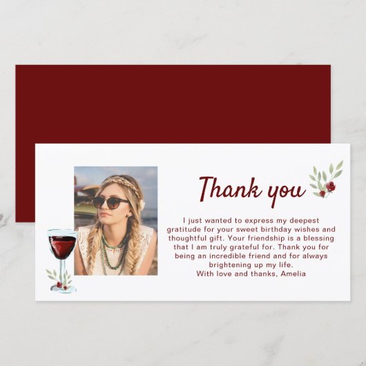 Rode wijn glazen twijgen foto verjaardag bedankkaart (Voorkant / Achterkant)