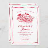 Rode wijn grillige hand getrokken wijngaard bruilo kaart (Voorkant / Achterkant)