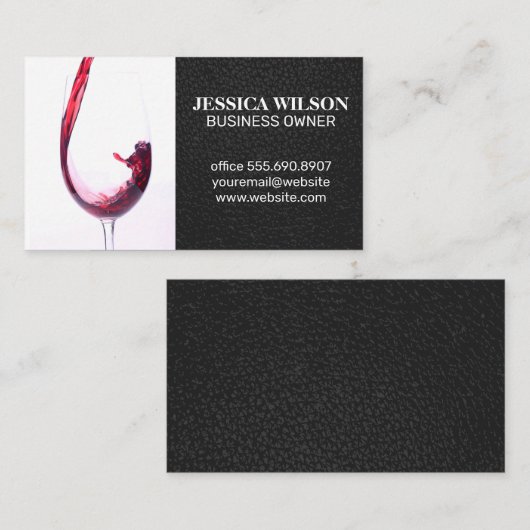 Rode wijn in glas | Elegant zwart leer Visitekaartje (Voorkant / Achterkant)
