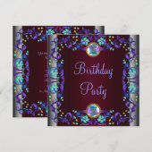 Rode Wijn Paarse Blauwgroen Blauwe Verjaardagsfees Kaart (Voorkant / Achterkant)