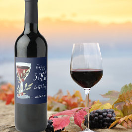 Rode wijn Roos Waterverf Blauw 50e verjaardag Wijn Etiket