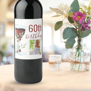 Rode Wijn Roos Waterverf Foto 60e Verjaardag Etiket