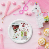 Rode Wijn Roos Waterverf Foto 60e Verjaardag Papieren Bordje (Feest)