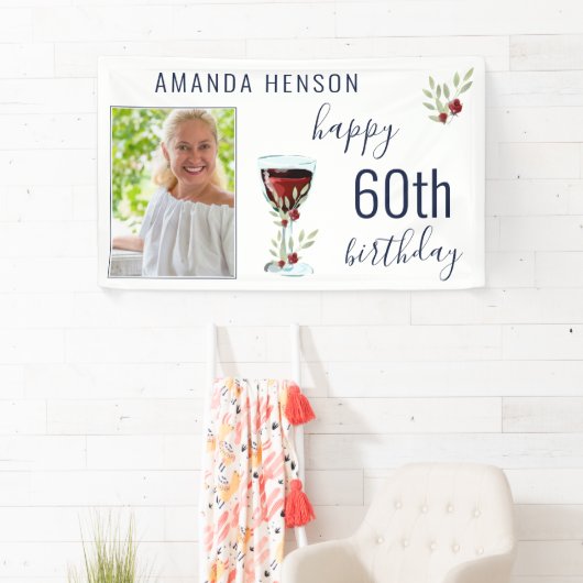 Rode Wijn Roos Waterverf Foto 60e Verjaardag Spandoek (Insitu)