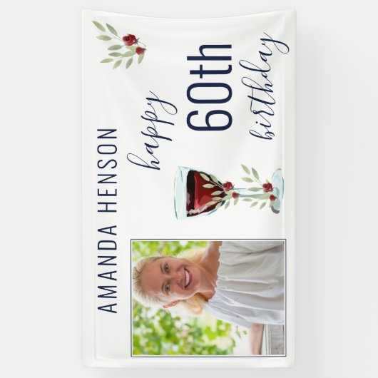 Rode Wijn Roos Waterverf Foto 60e Verjaardag Spandoek (Verticaal)