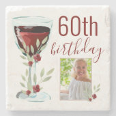 Rode Wijn Roos Waterverf Foto 60e Verjaardag Stenen Onderzetter (Voorkant)