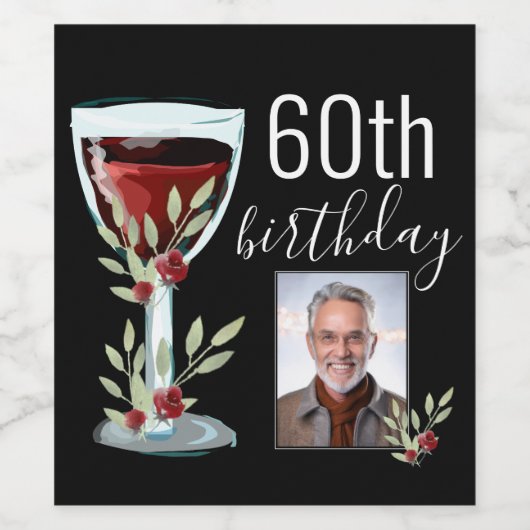 Rode Wijn Roos Waterverf Foto 60e Verjaardag Wijn Etiket (Enkel label)