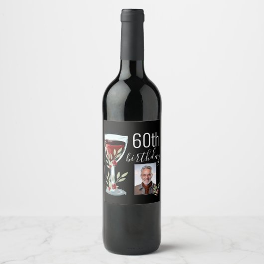 Rode Wijn Roos Waterverf Foto 60e Verjaardag Wijn Etiket (Voorkant)