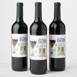 Rode Wijn Roos Waterverf Foto 60e Verjaardag Wijn Etiket