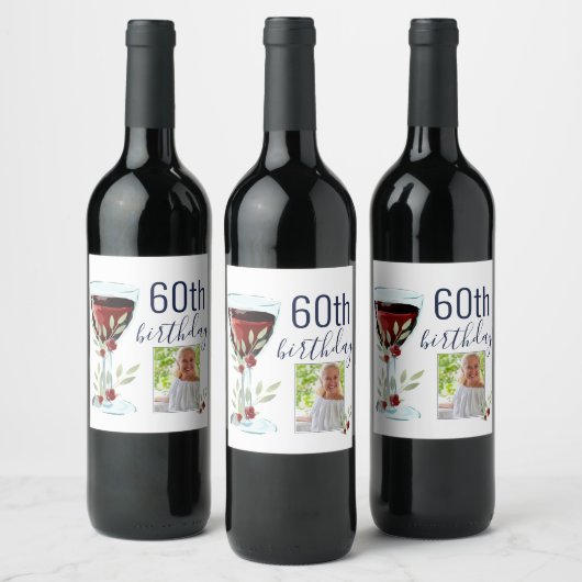Rode Wijn Roos Waterverf Foto 60e Verjaardag Wijn Etiket (Flessen)