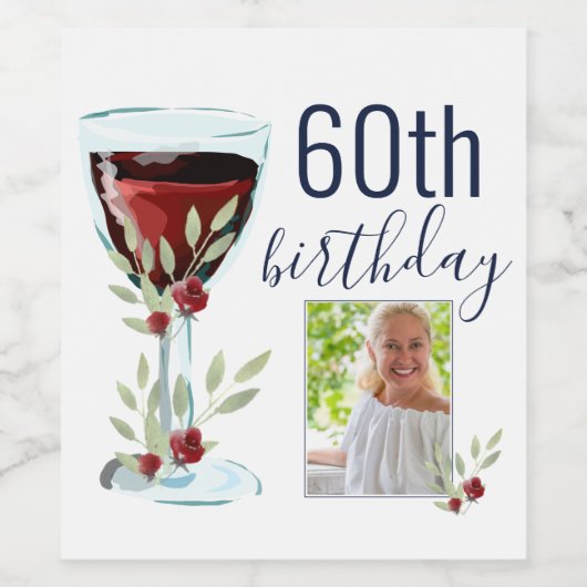 Rode Wijn Roos Waterverf Foto 60e Verjaardag Wijn Etiket (Enkel label)