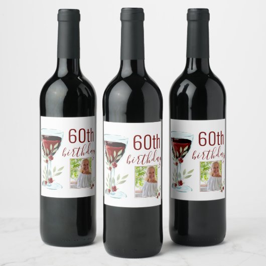 Rode Wijn Roos Waterverf Foto 60e Verjaardag Wijn Etiket (Flessen)