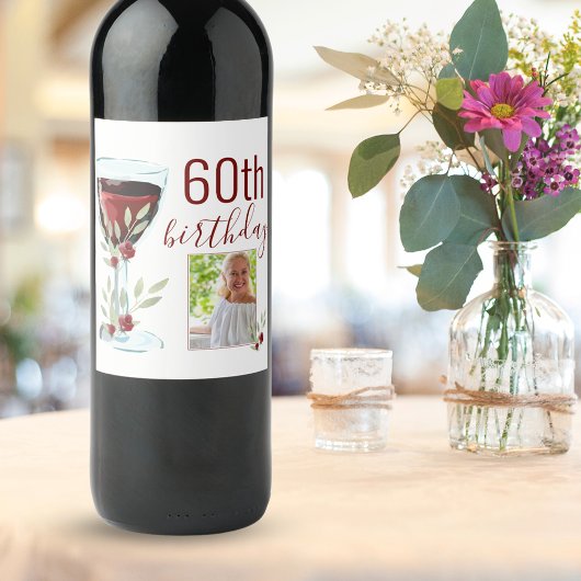 Rode Wijn Roos Waterverf Foto 60e Verjaardag Wijn Etiket