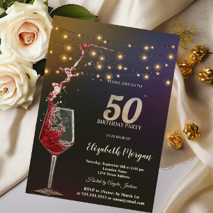 Rode Wijn Slingerlichten 50ste Verjaardagsfeest Kaart