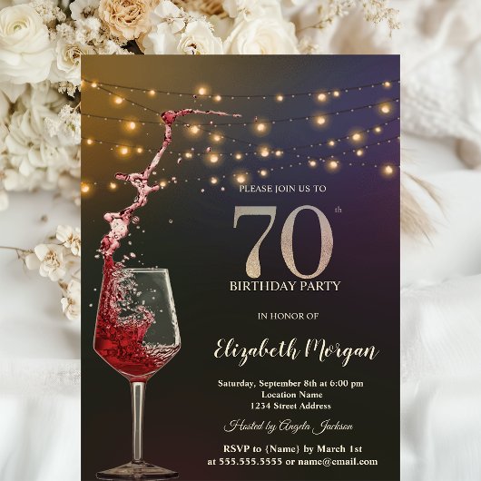 Rode Wijn Slingerlichten 70ste Verjaardagsfeest Kaart