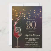 Rode Wijn Slingerlichten 90ste Verjaardagsfeest Kaart (Voorkant)