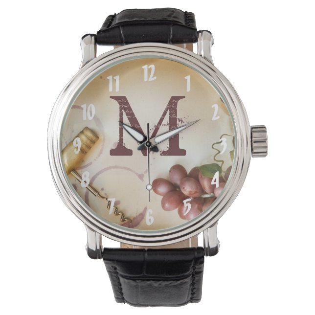 Rode Wijndruiven Kurk Schroef Fles Glas Horloge (Voorkant)