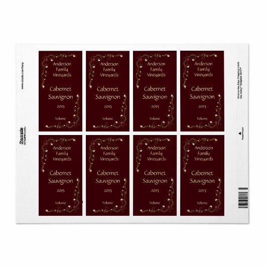 Rode Wijnfles Etiket met Grapevine Accent (Full Sheet)