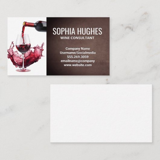 Rode wijnfles giet in glas | wijnplons visitekaartje (Voorkant / Achterkant)