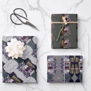 Rode-wijnflessentglazen Vintage digitale kunst Inpakpapier Vel